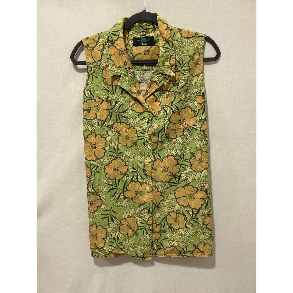 Orvis Womens Small Green Hibiscus Floral Sleeveless Camp Shirt Button Down Top